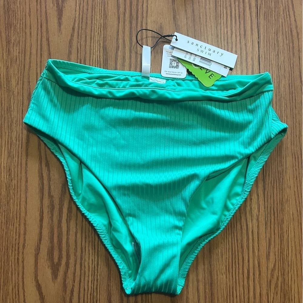 NWT Sanctuary Swim Spring Green Ribbed High-Rise Bikini Swim Bottom Size M - Picture 2 of 5